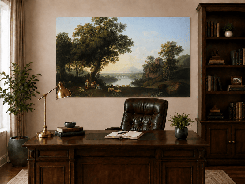 Landscape Oil Painting - Classical River Valley Scene with Temple