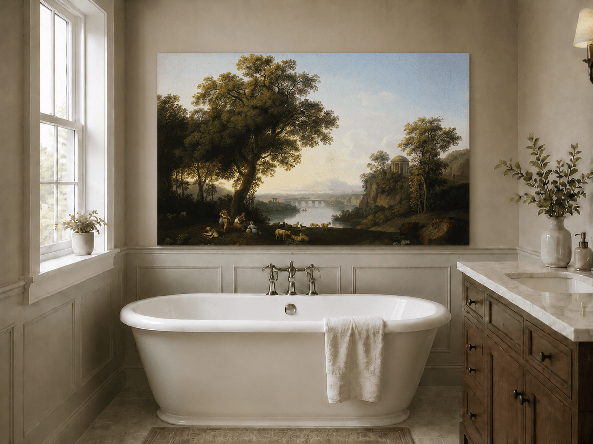 Landscape Oil Painting - Classical River Valley Scene with Temple