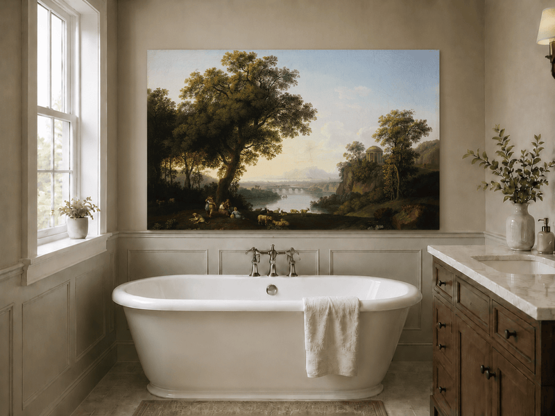 Landscape Oil Painting - Classical River Valley Scene with Temple