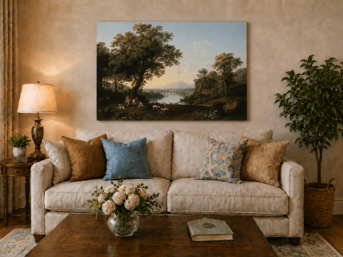 Landscape Oil Painting - Classical River Valley Scene with Temple