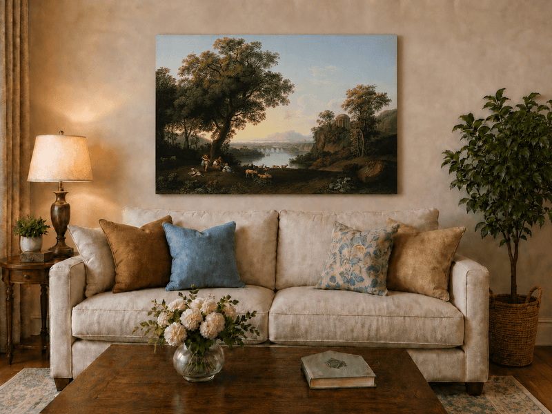 Landscape Oil Painting - Classical River Valley Scene with Temple