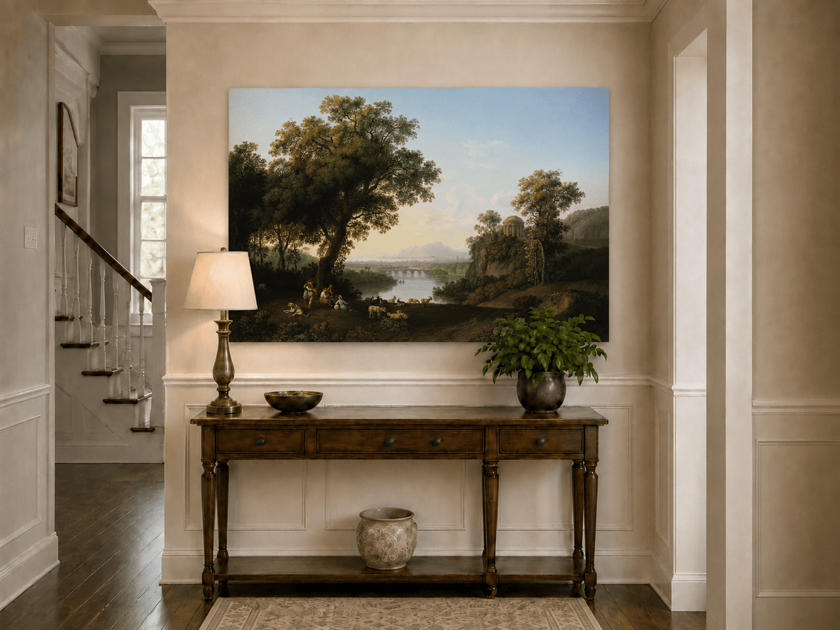 Landscape Oil Painting - Classical River Valley Scene with Temple