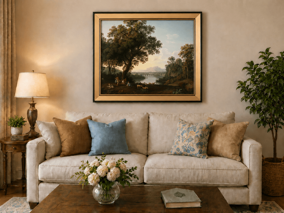 Landscape Oil Painting - Classical River Valley Scene with Temple