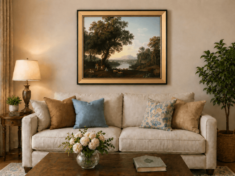Landscape Oil Painting - Classical River Valley Scene with Temple