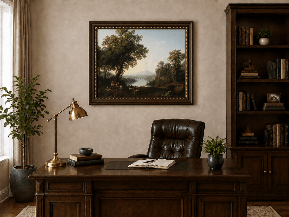 Landscape Oil Painting - Classical River Valley Scene with Temple