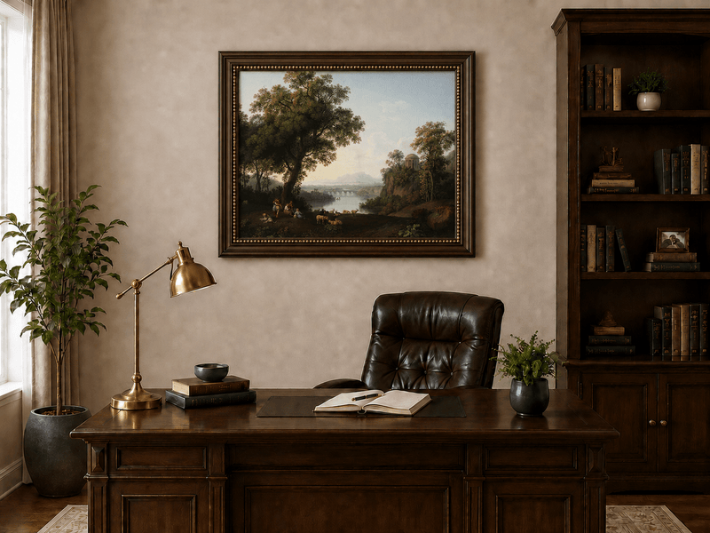 Landscape Oil Painting - Classical River Valley Scene with Temple