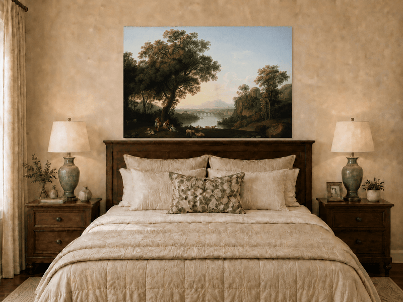 Landscape Oil Painting - Classical River Valley Scene with Temple
