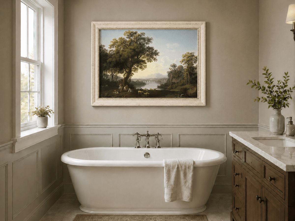 Landscape Oil Painting - Classical River Valley Scene with Temple