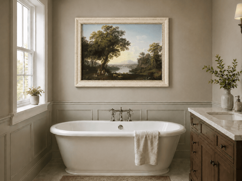 Landscape Oil Painting - Classical River Valley Scene with Temple