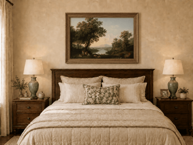 Landscape Oil Painting - Classical River Valley Scene with Temple