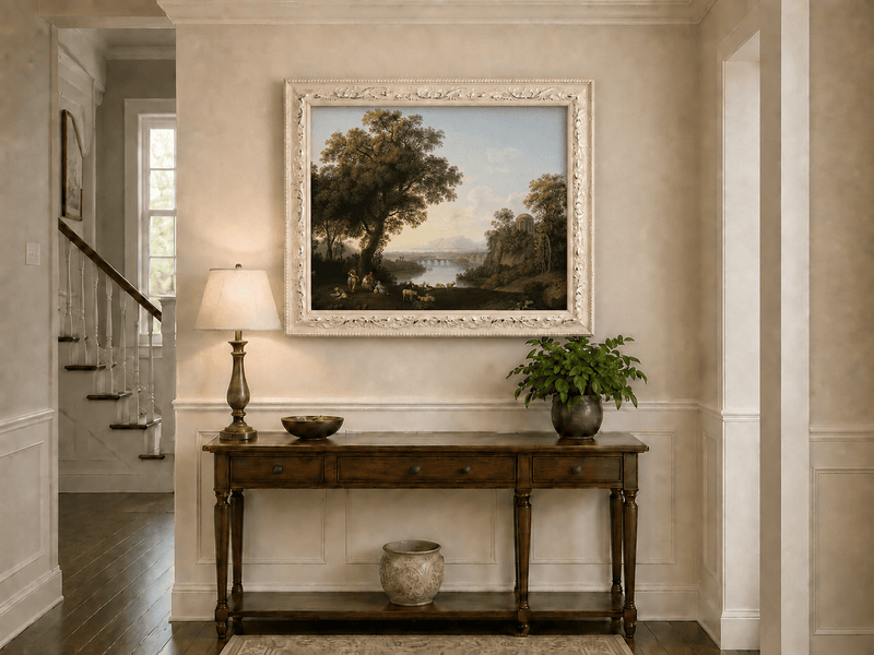 Landscape Oil Painting - Classical River Valley Scene with Temple