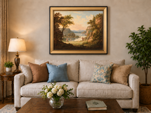 Hand-painted Classical River Valley with Figures landscape oil painting displayed as wall art in a styled interior