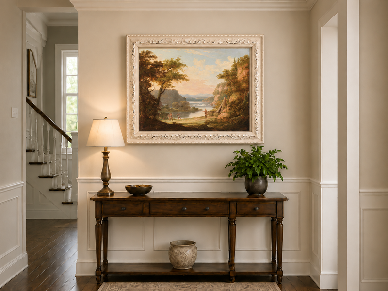 Hand-painted Classical River Valley with Figures landscape oil painting displayed as wall art in a styled interior