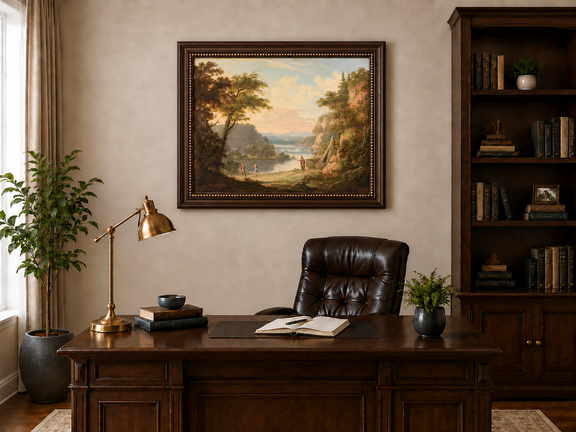 Hand-painted Classical River Valley with Figures landscape oil painting displayed as wall art in a styled interior