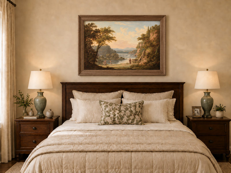 Hand-painted Classical River Valley with Figures landscape oil painting displayed as wall art in a styled interior