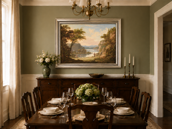 Hand-painted Classical River Valley with Figures landscape oil painting displayed as wall art in a styled interior