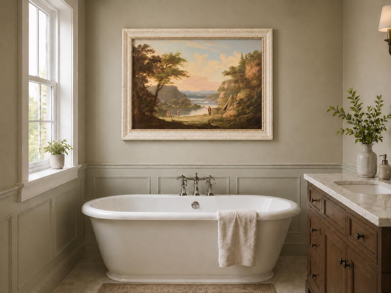 Hand-painted Classical River Valley with Figures landscape oil painting displayed as wall art in a styled interior