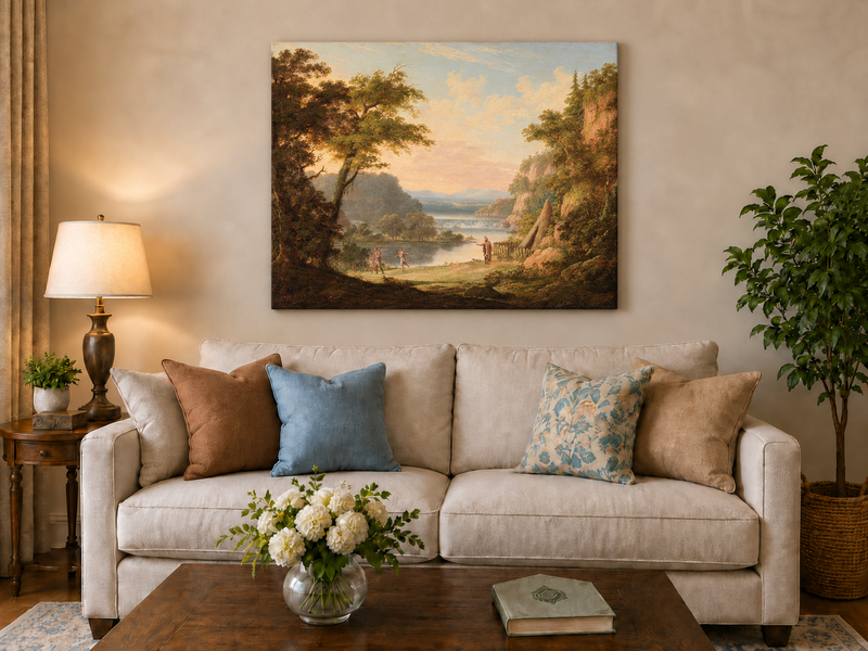 Hand-painted Classical River Valley with Figures landscape oil painting displayed as wall art in a styled interior
