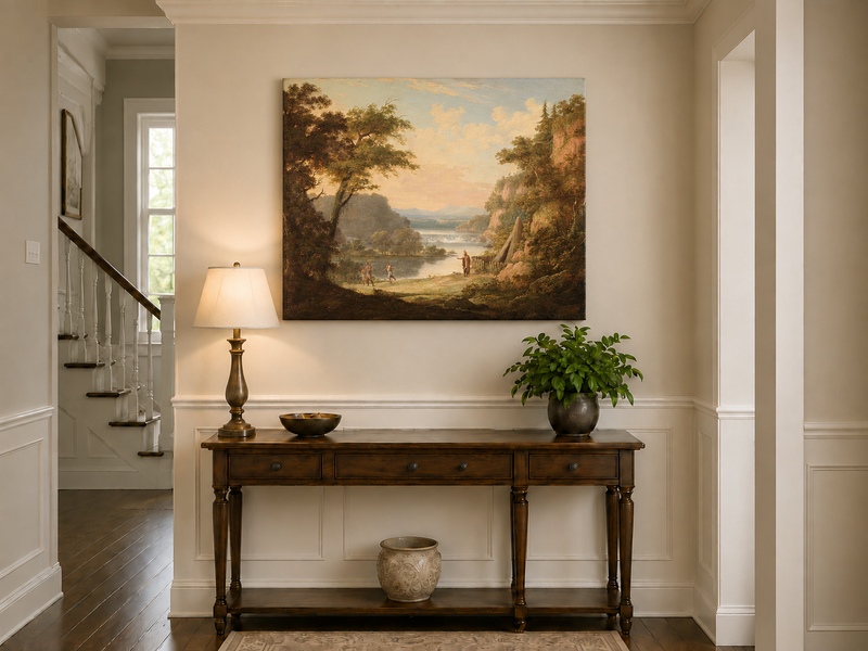 Hand-painted Classical River Valley with Figures landscape oil painting displayed as wall art in a styled interior