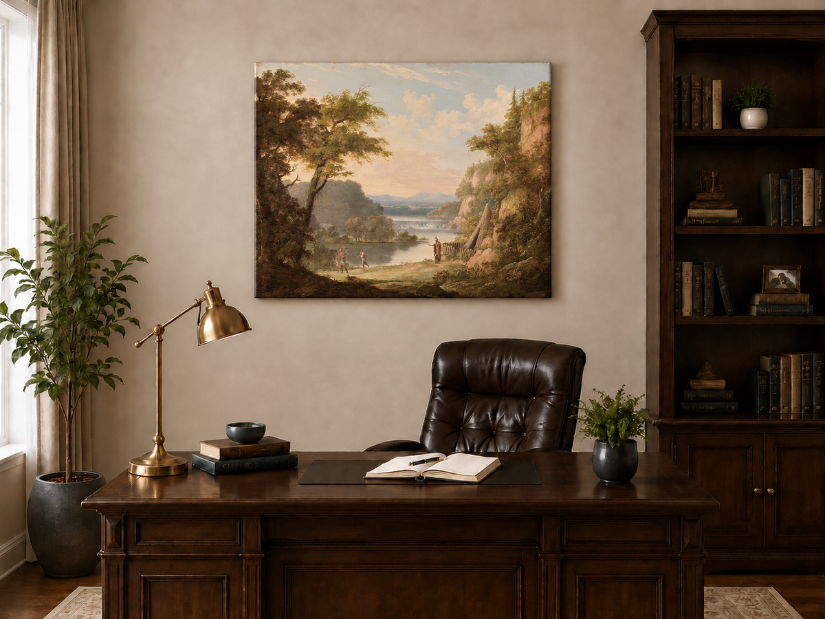 Hand-painted Classical River Valley with Figures landscape oil painting displayed as wall art in a styled interior
