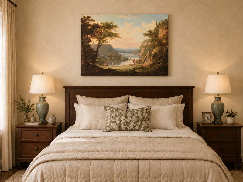 Hand-painted Classical River Valley with Figures landscape oil painting displayed as wall art in a styled interior