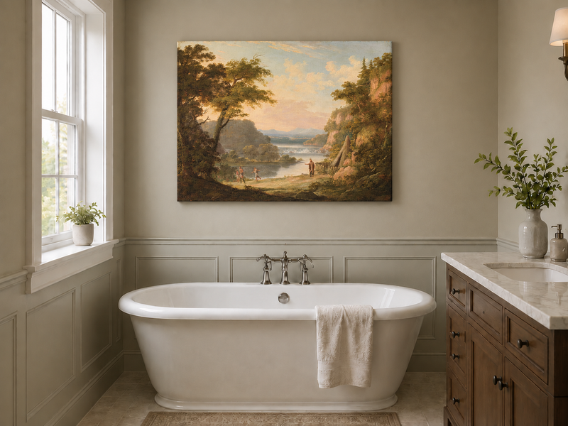 Hand-painted Classical River Valley with Figures landscape oil painting displayed as wall art in a styled interior
