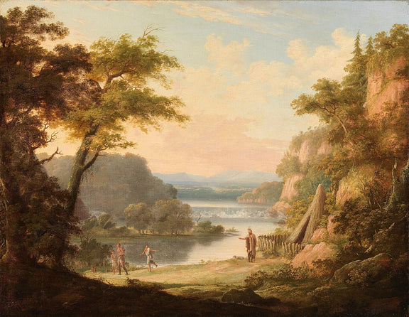 Hand-painted classical river valley with figures landscape oil painting on canvas