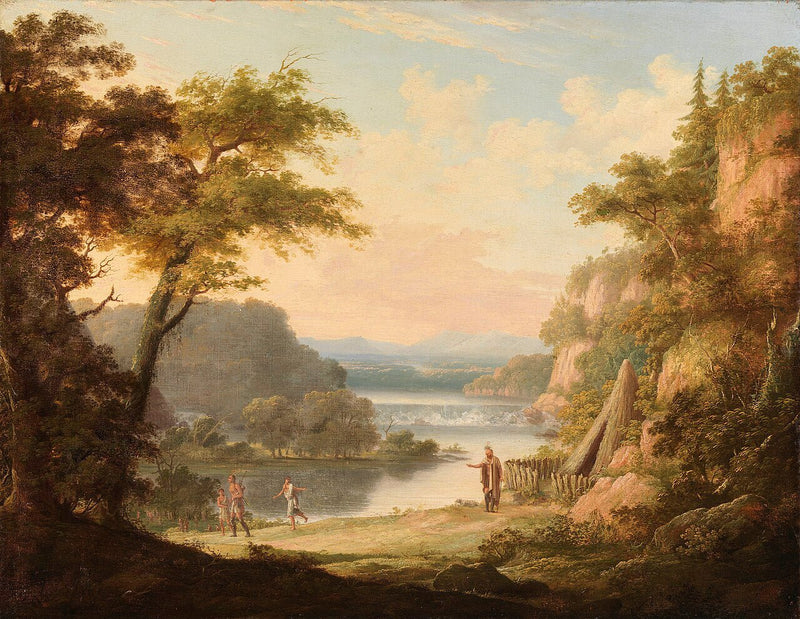 Hand-painted classical river valley with figures landscape oil painting on canvas