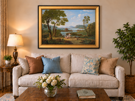 Hand-painted Classical River View with Figures landscape oil painting displayed as wall art in a styled interior