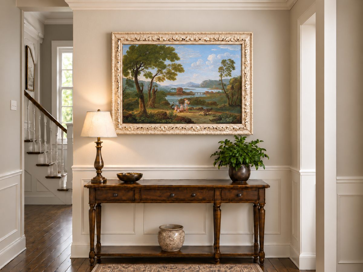 Hand-painted Classical River View with Figures landscape oil painting displayed as wall art in a styled interior