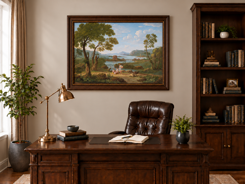 Hand-painted Classical River View with Figures landscape oil painting displayed as wall art in a styled interior