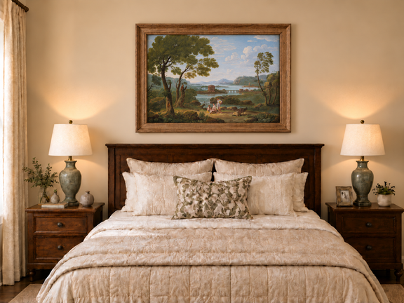Hand-painted Classical River View with Figures landscape oil painting displayed as wall art in a styled interior