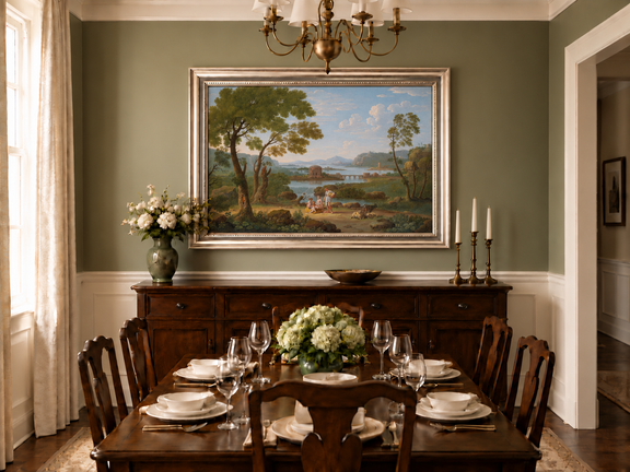 Hand-painted Classical River View with Figures landscape oil painting displayed as wall art in a styled interior