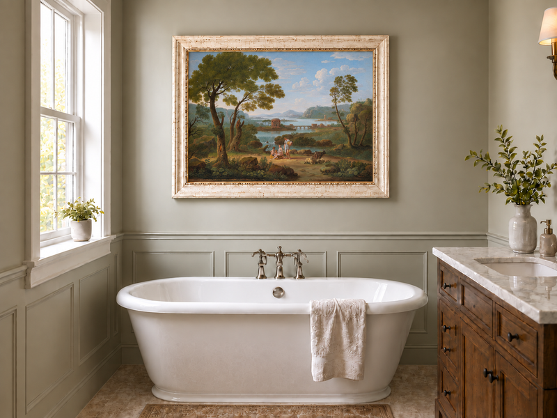 Hand-painted Classical River View with Figures landscape oil painting displayed as wall art in a styled interior