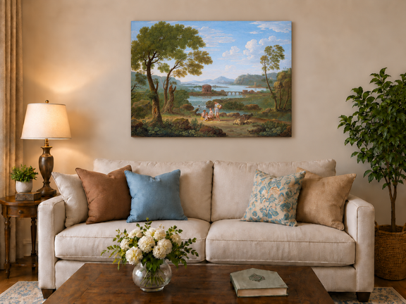 Hand-painted Classical River View with Figures landscape oil painting displayed as wall art in a styled interior