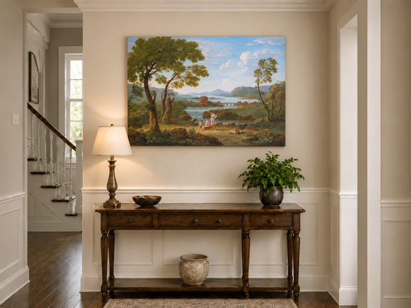 Hand-painted Classical River View with Figures landscape oil painting displayed as wall art in a styled interior