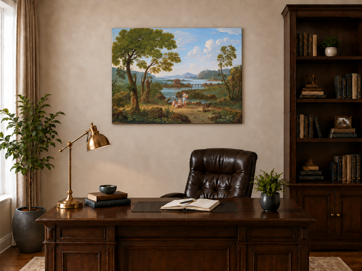 Hand-painted Classical River View with Figures landscape oil painting displayed as wall art in a styled interior