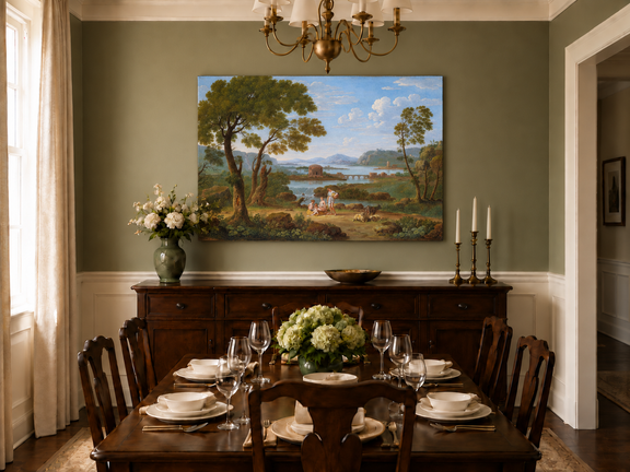 Hand-painted Classical River View with Figures landscape oil painting displayed as wall art in a styled interior