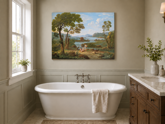 Hand-painted Classical River View with Figures landscape oil painting displayed as wall art in a styled interior