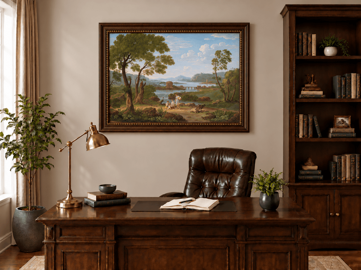 Hand-painted Classical River View with Figures landscape oil painting displayed as wall art in a styled interior