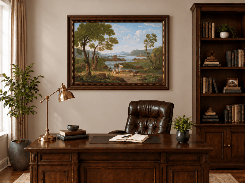 Hand-painted Classical River View with Figures landscape oil painting displayed as wall art in a styled interior
