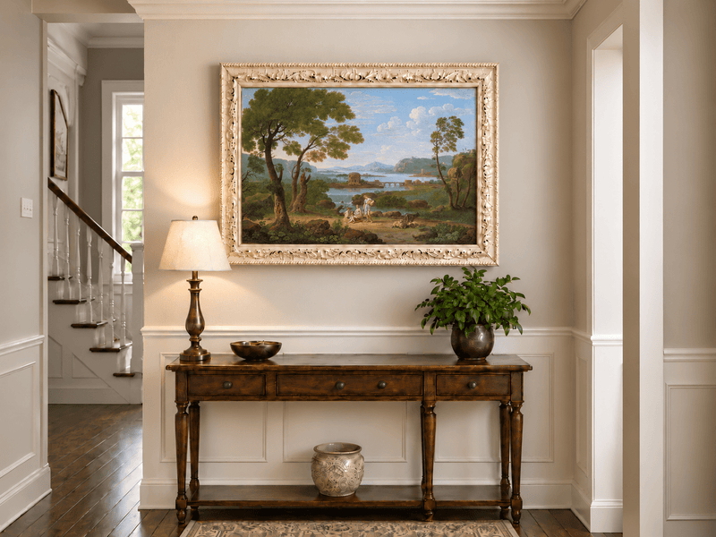 Hand-painted Classical River View with Figures landscape oil painting displayed as wall art in a styled interior