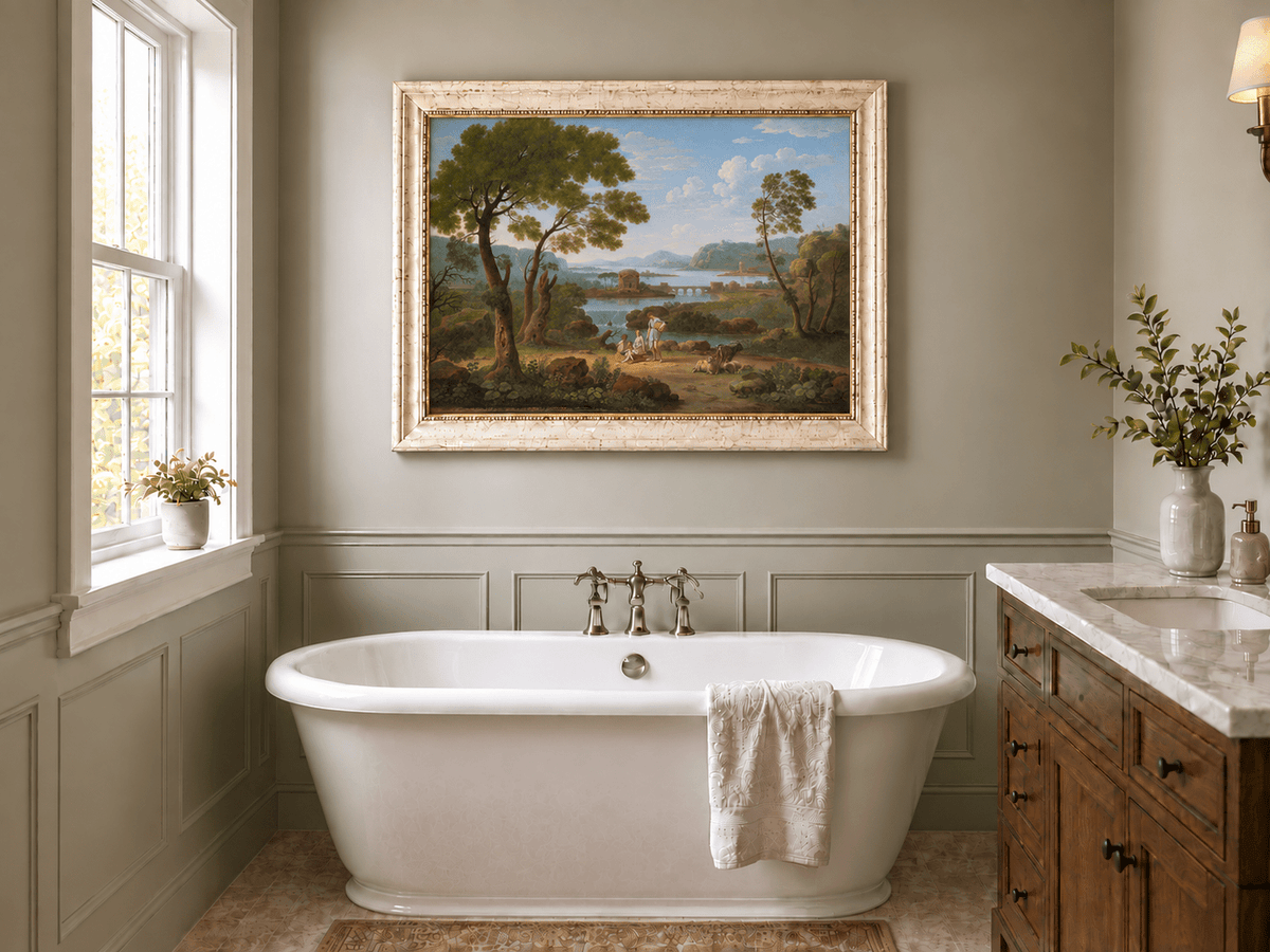 Hand-painted Classical River View with Figures landscape oil painting displayed as wall art in a styled interior