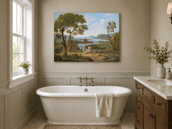 Hand-painted Classical River View with Figures landscape oil painting displayed as wall art in a styled interior