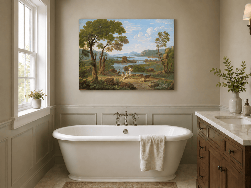 Hand-painted Classical River View with Figures landscape oil painting displayed as wall art in a styled interior
