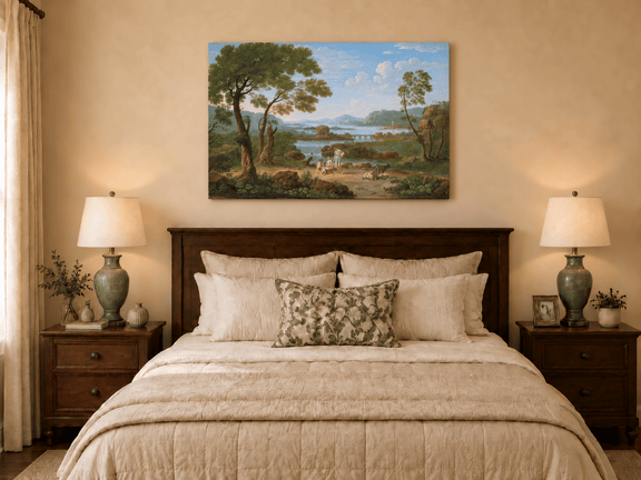 Hand-painted Classical River View with Figures landscape oil painting displayed as wall art in a styled interior