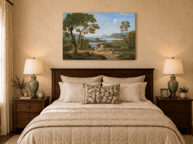 Hand-painted Classical River View with Figures landscape oil painting displayed as wall art in a styled interior