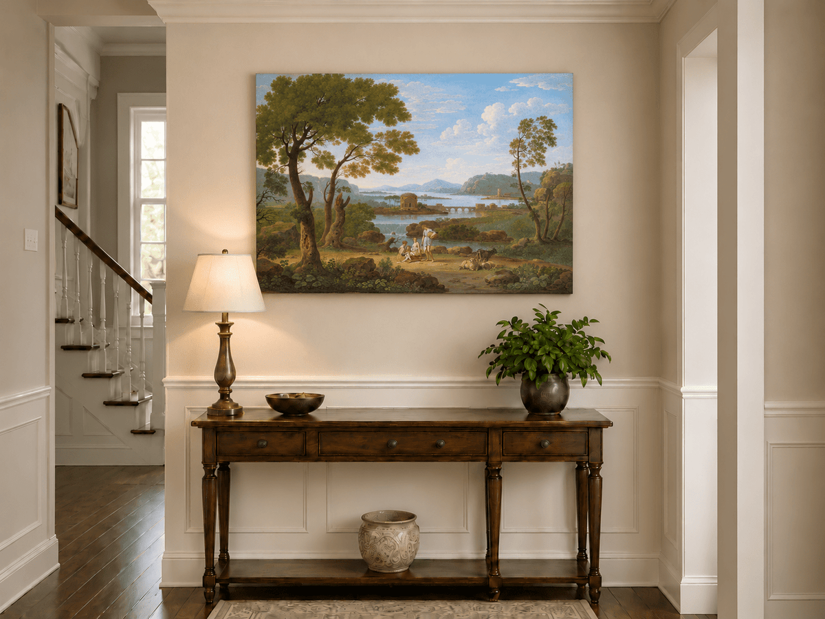 Hand-painted Classical River View with Figures landscape oil painting displayed as wall art in a styled interior