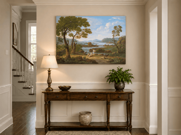 Hand-painted Classical River View with Figures landscape oil painting displayed as wall art in a styled interior
