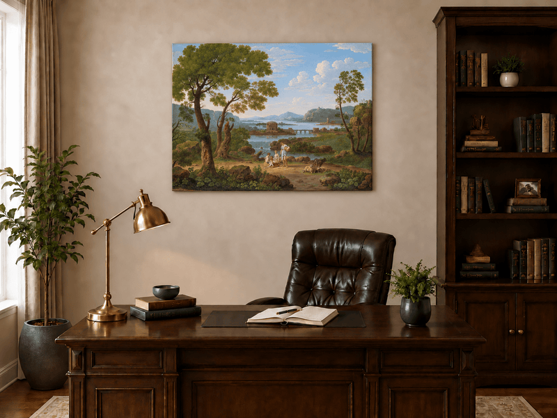 Hand-painted Classical River View with Figures landscape oil painting displayed as wall art in a styled interior
